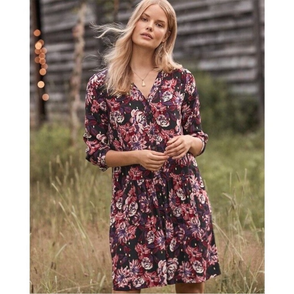 Garnet Hill Dress Floral Purple Gold Floral Drop Waist Pockets Boho Button V Nec